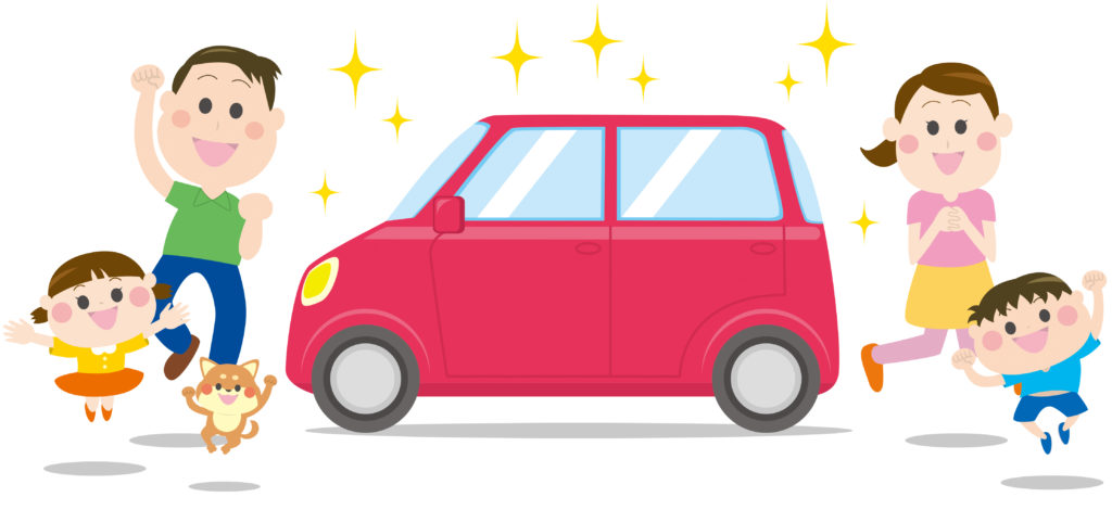 新車前でジャンプする家族