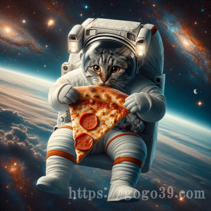 ピザを抱えながら宇宙に漂う猫