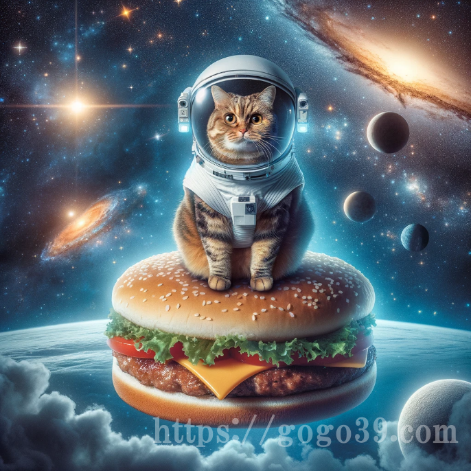 ハンバーガーに乗り宇宙に漂う猫