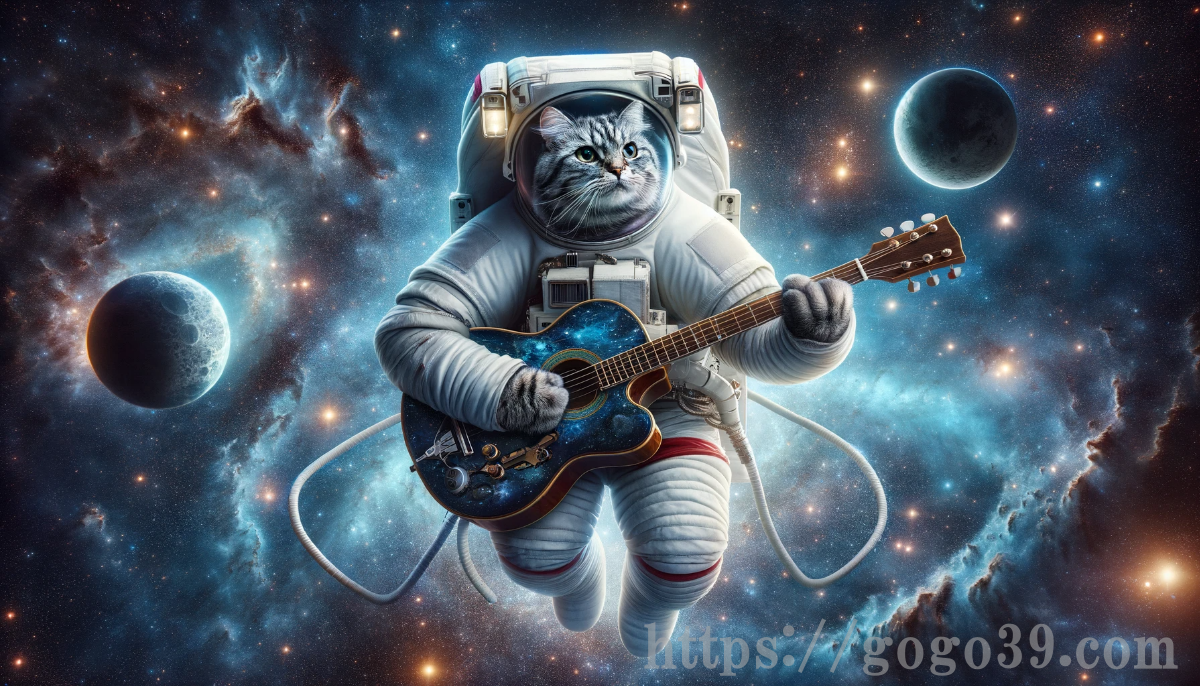 宇宙でエレキギターを演奏する猫