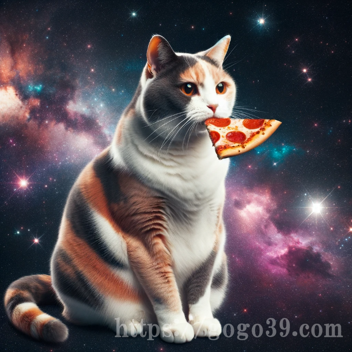 宇宙でピザを加えるただの猫