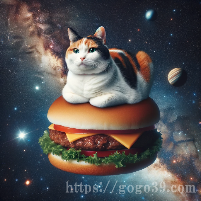 ハンバーガーの上に載って宇宙を漂うただの猫